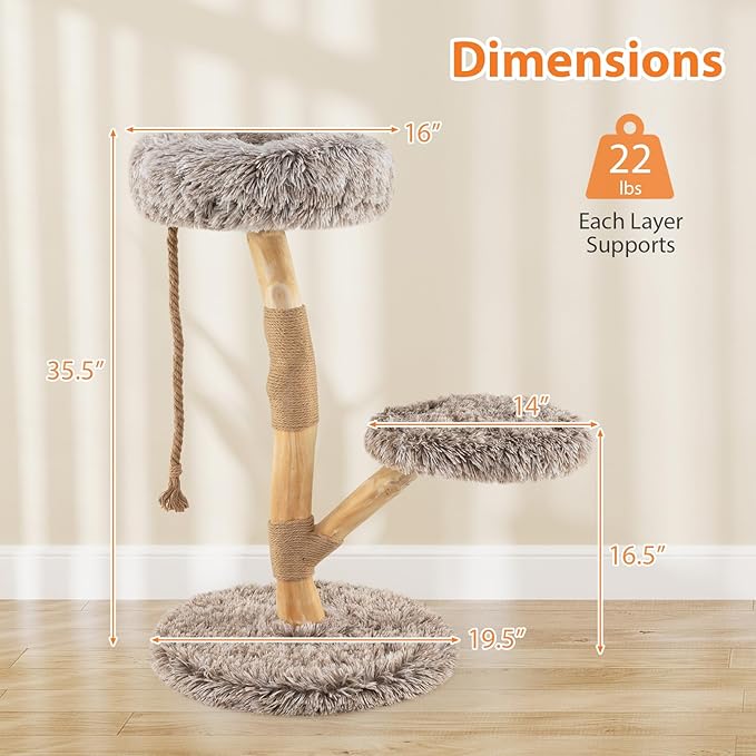PETSITE 35.5-inch Wood Cat Tree, Multi-Level Real Pear Wood Modern Cat Tower with Jute Scratching Posts, Jute Rope, Cozy Top Perch, Jumping Platform, Soft Long Plush Covered