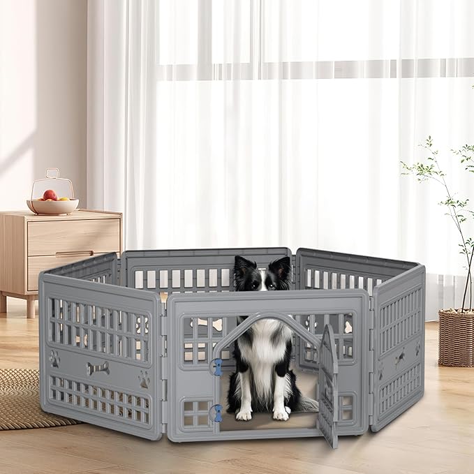DRATO Dog Pet Playpen Gate for Dogs Cats Safe Secure Indoor Outdoor Pet Fence with Gate Easy to Clean Keep Pets Secure (Gray, 67.24 * 67.24 * 23.7, 6)
