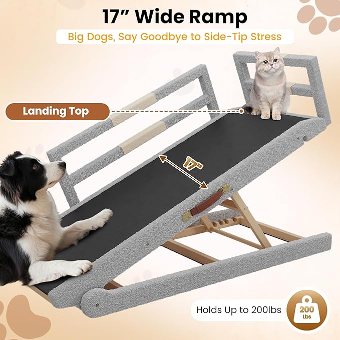 Dog Ramp for Bed, 5 Adjustable Height Wooden Ramp for Dogs from 16"–24", 17" Wide Pet Ramps for Dogs to Get on High Bed/Couch/Car with Soft Padding & Anti-Slip Grip, Up to 250LBS for Small/Large Dog