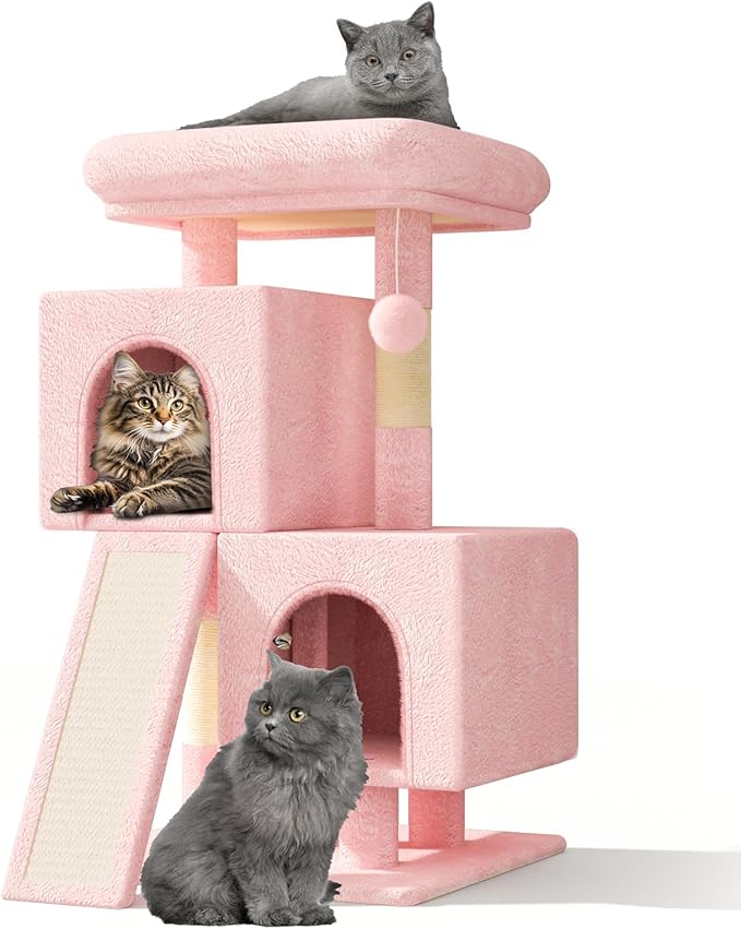 Athena Collection Small Cat Tree, Modern 34 Inch Cute Cat Tree Tower with Scratching Post 2 Condo Activity Platform and Playing Ball for Indoor, Pink