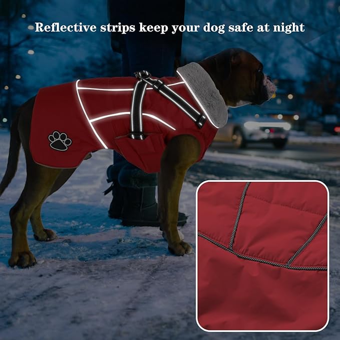 Doglay Dog Jacket Waterproof Dog Coat with Harness Built in, Christmas Puppy Winter Coat Reflective Turtleneck Puffer Snow Jackets for Small Medium Large Dogs