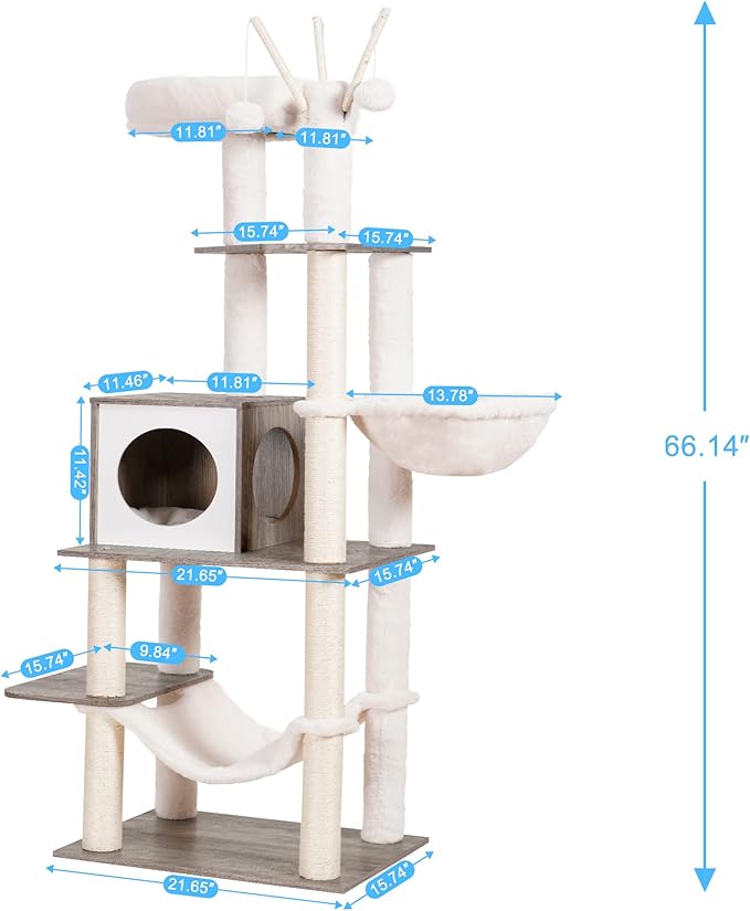 Hey-brother Wooden Cat Tree, 66.1“ Cat Furniture with Scratching Posts, Modern Cat Tower with hammocks, Toys, cat condo, Rustic Gray MPJ120SG