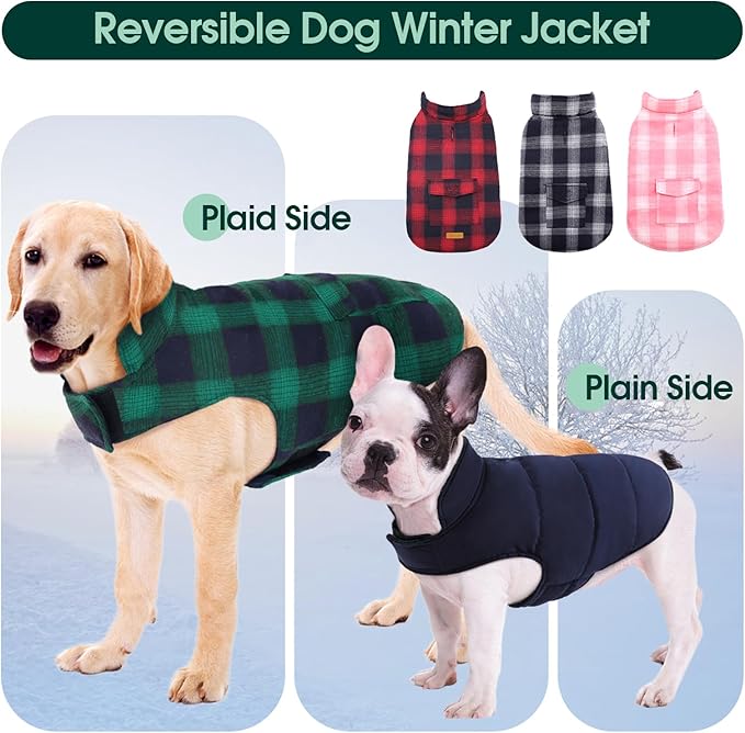 Kuoser Reversible Winter Coat, British Style Jacket for Medium and Large Dogs - Warm Windproof Puppy Cold Weather Clothes Vest, Green L