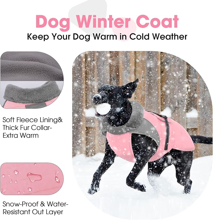Nanaki Warm Fleece Lined Furry Collar Winter Coats Jackets Vests for Dogs, Waterproof Reflective Dog Snowsuit with Leash Hole Outdoor Walking Hunting, Easy On Pullover Medium Dog Puppy Coat Pink XL