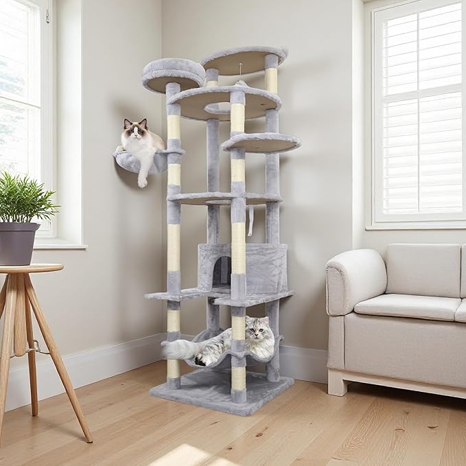 84.6 Inch Tall Cat Tree Tower with Large Base - 3 Condos, 11 Sisal Posts, 2 Hammocks & Interactive Toys, Multi-Level Cat Furniture for Multiple Cats, Durable Cat Climber (Light Gray, 78.8 in)