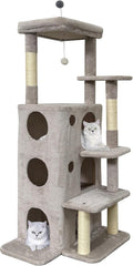 Cat Tree Tower for Indoor Cats, Adult Cat Tree House for Large Adult Cats with Steps, Scratching Post, 3 Cat Caves, Dangling Toys (Light Gray)