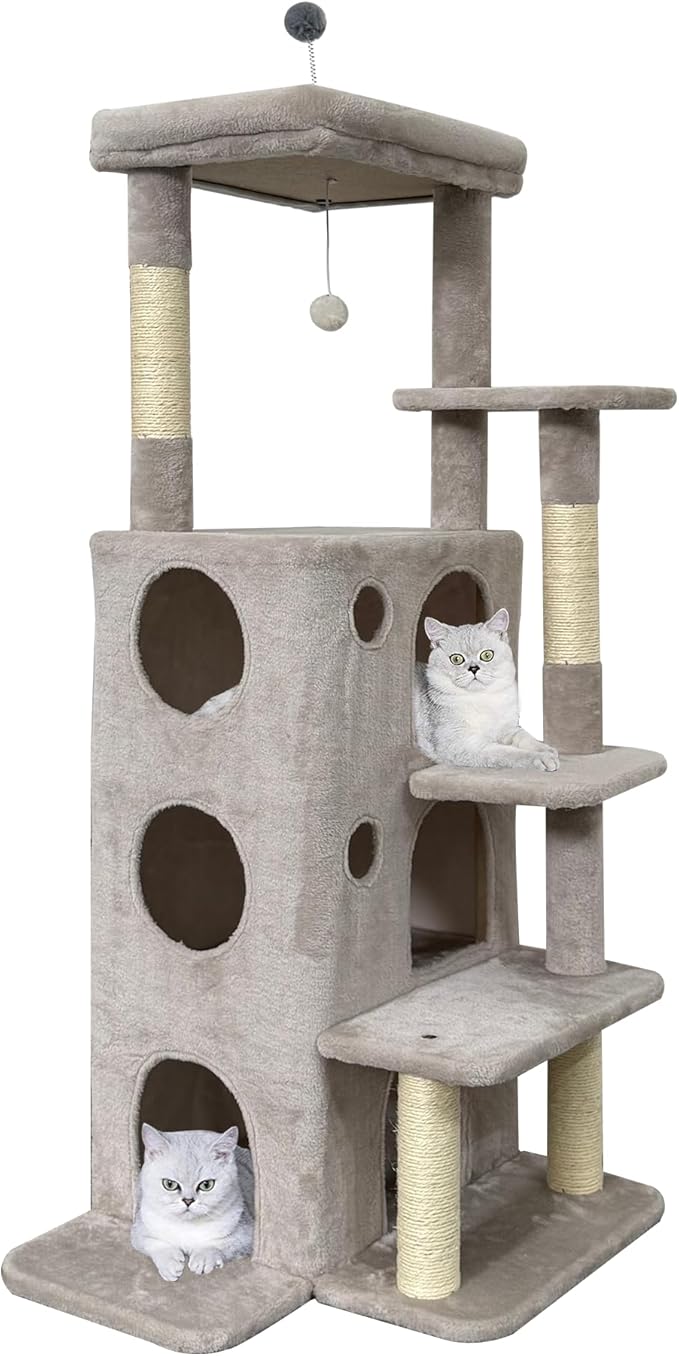 Cat Tree Tower for Indoor Cats, Adult Cat Tree House for Large Adult Cats with Steps, Scratching Post, 3 Cat Caves, Dangling Toys (Light Gray)