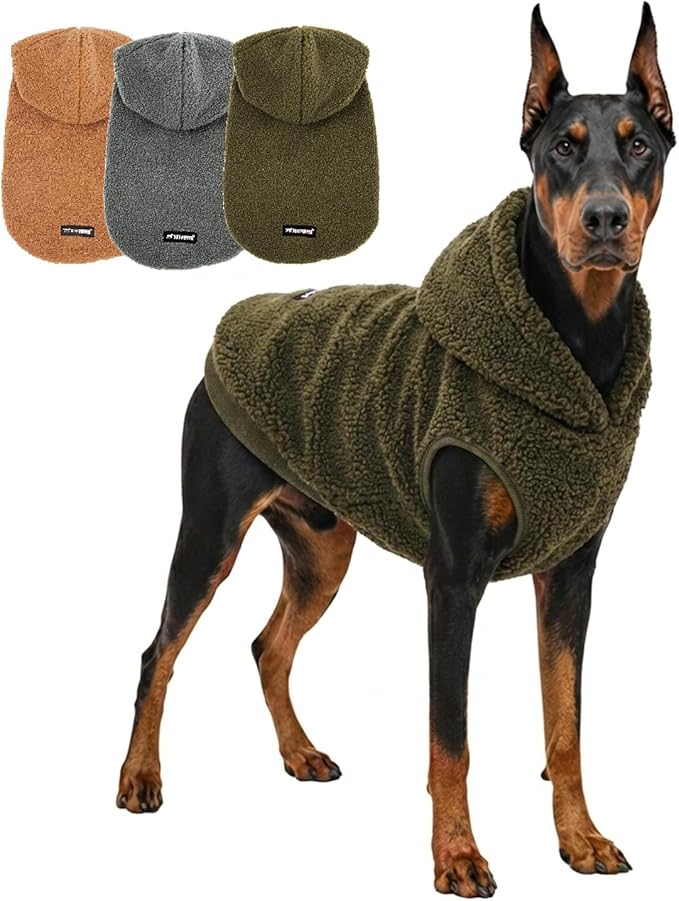 Tuff Pupper Fleece Dog Hoodie Sweater | Teddy Sherpa Outer & Soft Polar Fleece Lining | Adjustable Fit Winter Coat with Hood, Leash Hole, Ribbed Cuffs | For Small Medium Large XL XXL Dogs (Olive, XXL)