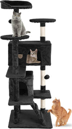 24/7 Shop at Home Court 54 inch Multi-Level Cute Cat Tree Tower with Dangling Ball and Scratching Posts for Indoor Cats Adults, Kitten Supplies, Pet House, Dark Gray