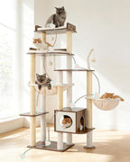 Heybly Cat Tree, 70.5 Inch Wood Tall Cat Tower for Large Indoor Cats with Extra Stable Structure, Modern Cat Furniture with All-Sisal Scratching Posts, Cat Condo & Hammocks, Rustic Brown HCT121SR