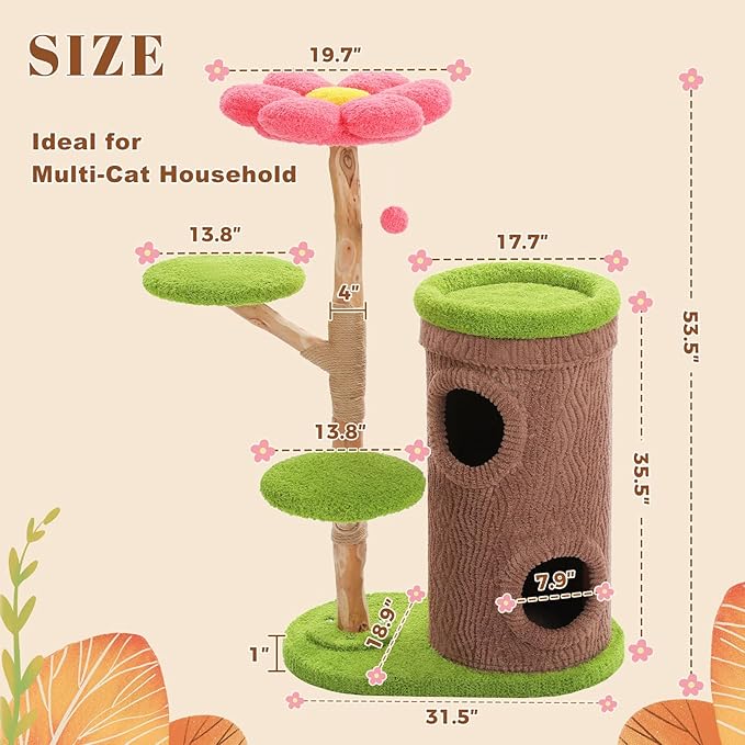 PETEPELA Modern Cat Tree for Indoor Cats Large Adult w/Flower Perch, 53.5" Flower Cat Tower with Solid Wood Scratching Post & Cozy Condos, Forest Cat House for Multi-Cat Household