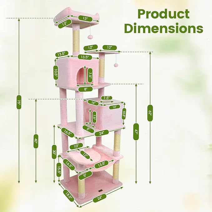 PETSITE Multi-Level Cat Tree, 75 Inches Tall with Sisal Scratching Posts, 2 Condos, Hammock, Dangling Balls, and Cozy Top Perch, Ideal for Indoor Cats to Play and Rest (Pink)