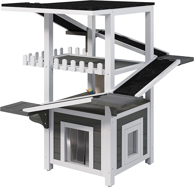 4-Tier Outdoor Cat House for Multiple Cats, Weatherproof Wood Catio Cat Tree Tower, Feral Cat Shelter Outside Enclosure with Balcony, Scratching Post, Ramps & Escape Flap Doors (White)