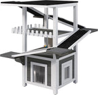 4-Tier Outdoor Cat House for Multiple Cats, Weatherproof Wood Catio Cat Tree Tower, Feral Cat Shelter Outside Enclosure with Balcony, Scratching Post, Ramps & Escape Flap Doors (White)