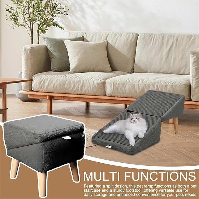 Split Ottoman Dog Ramp, 14.5" H Dog Chair with Ramp for Bed, Folding DogStairs, for Large and SmallDogs, 2-in-1 Lightweight Pet Steps (Gray, Large)