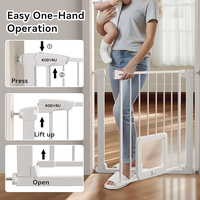 30 Inch Tall Dog Gate with Cat Door, Adjustable Width (29.7-57 Inches) for Doorways, Hallways & Stairs, Pressure-Mounted Walk-Through Dog Gate with Auto-Close & Double Lock Safety（White）