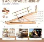 SLSY Dog Ramp for Bed, Couch & SUV, Upgraded Folding Adjustable Pet Ramp with Non-Slip Rubber Mat, 45.2" Long, 5 Heights 15.7''–23.6", Portable Wooden Step Supports up to 200 lbs for Pet(Natural)