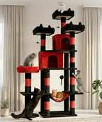 Heavy Duty Cat Tree for Indoor Cat, 71 Inch Large Cat Tower with Scratching Post and Top Perch, Hammock, Big Cat Condo for Adult Cats Kittens, PMT03RD, Black Red