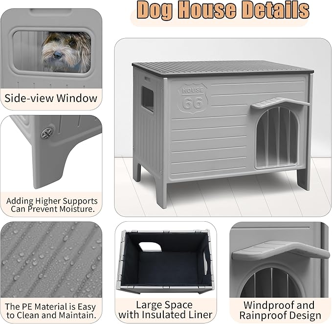 Plastic Dog House for Outdoor Indoor with Insulated Liner,Durable Waterproof Plastic Dog House with Side Window Elevated Floor, Easy to Assemble Easy to Clean(Suitable for Use in Winter)