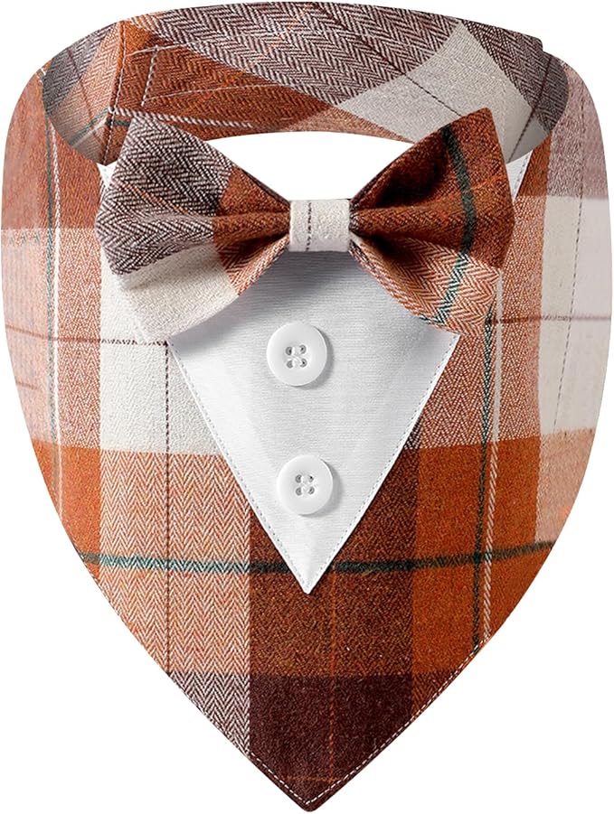 Fall Dog Tuxedo Bandana, Orange Plaid Pet Collar with Bowtie, Adjustable Halloween Thanksgiving Dog Tux Costume for Small to Extra Large Pets