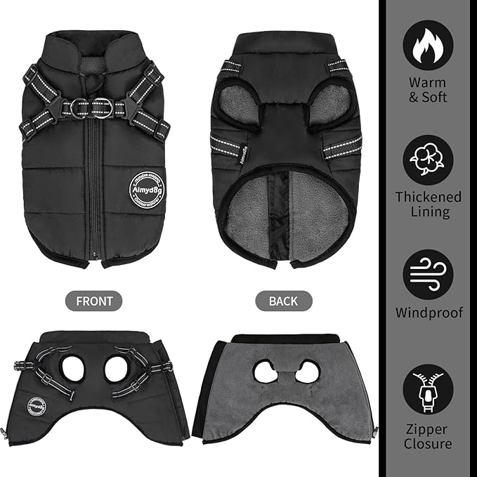 Dog Winter Coat, Warm Dog Jacket Reflective Adjustable Fleece Vest with Harness Built in, Windproof Pet Snow Jacket Snowsuit with Zipper for Small Medium Dogs, Black XS