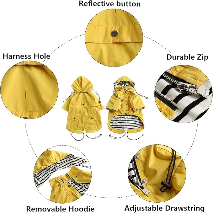 Dog Zip Up Raincoat with Reflective Buttons, Rain/Water Resistant, Adjustable Drawstring, Removable Hood, Raincoats with Legs 8lbs to 80lbs Available - Yellow - Medium