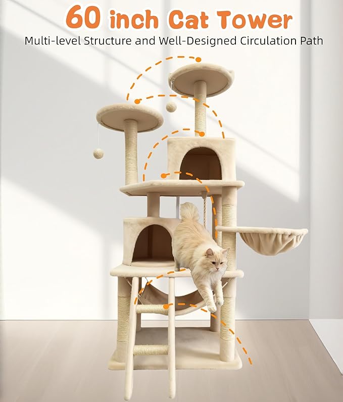 Cat Tree 60.63 inches Cat Tower for Indoor Cats, Multi-Level Cat Condo Furniture with Scratching Posts, Plush Perches, Activity Center with Cozy Basket & Hammock for Cats(Beige)