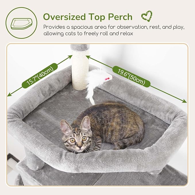 Globlazer Cat Tree for Indoor Cats Large Adult, 74in Tall Cat Tower with Scratching Post, Heavy Duty Cat Tree Tower with 2 Spacious Caves, Oversized Top Perch, Big Hanging Basket, F74B, Light Grey