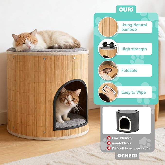 Cat Beds Indoor House, Handwoven Bamboo Cat Cave Pet Cube, Large Cat Houses, 2 Bed Mat, Foldable,Hideaway, 15.9x13.9 Inches, Living Room Bedroom Terrace Home Decoration Natural