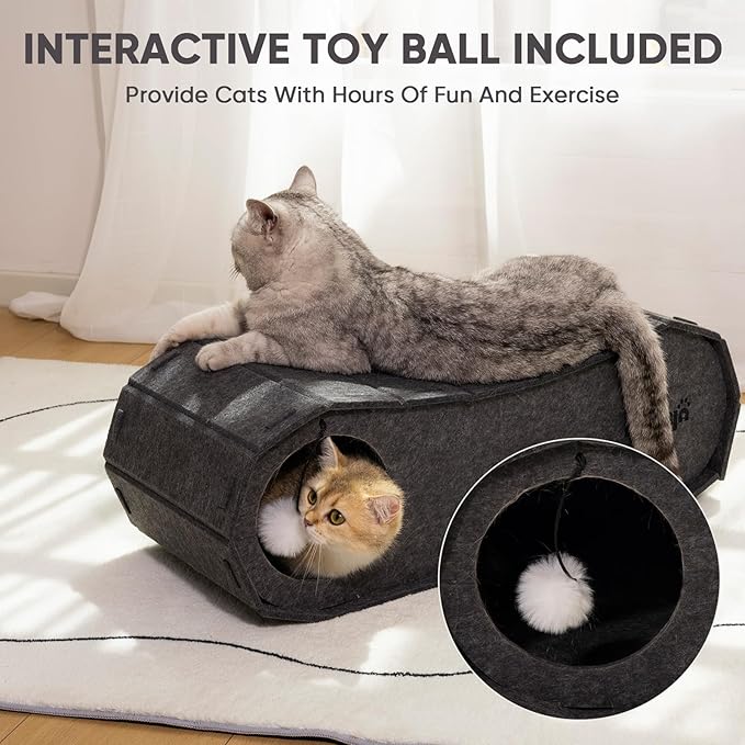 NATUYA Cat Bed Cave for Indoor Cats, Large Cat Lounge Cave Bed with Toy Ball, Enclosed Scratch Resistant Detachable Felt Cat Hideaway Bed for Cats up to 22 Lbs