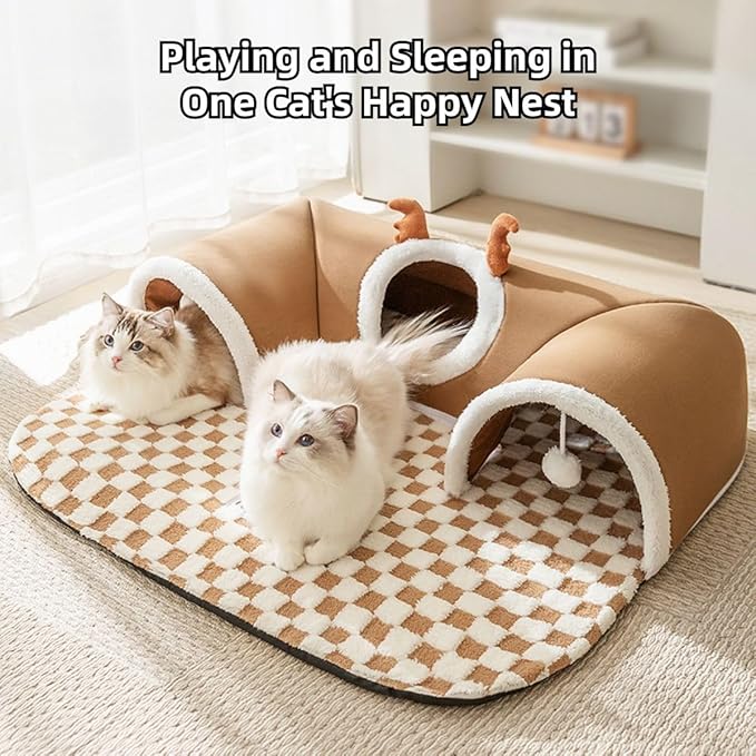 Cat Tunnel Bed Indoor,Cat Peekaboo Cave Bed for Multiple Cats,Kitty Tube with Cat Balls Toys,Removable Cat Bed House Washable,Small Animal Tunnel for Kitty,Bunny (Brown,Large)