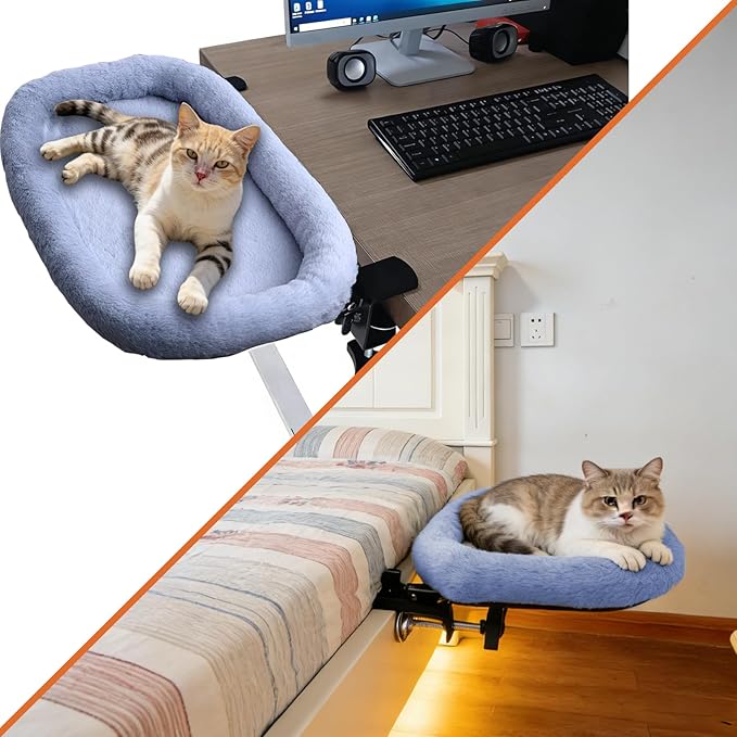 Cat Desk Bed&Cat Hammock for Desk and Bedside,90°Rotating&Height Adjustable,40 lbs Capacity,Soft Faux Fur with Reversible Mat,23.62x14.57x2.76 inch Modern Gray Cat Perch for Office&Game Tables (Gray)