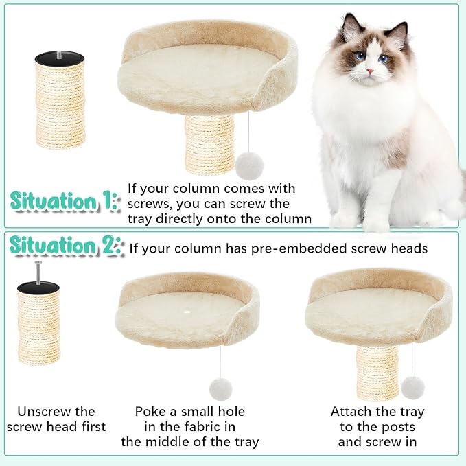 2 Pcs 13.39 Inches Semi Edged Cat Tree Replacement Parts Cat Tree Tower Accessories with Hanging Elastic Strings Pom Pom Toys for Platform Perch Shelves(Creamy White)