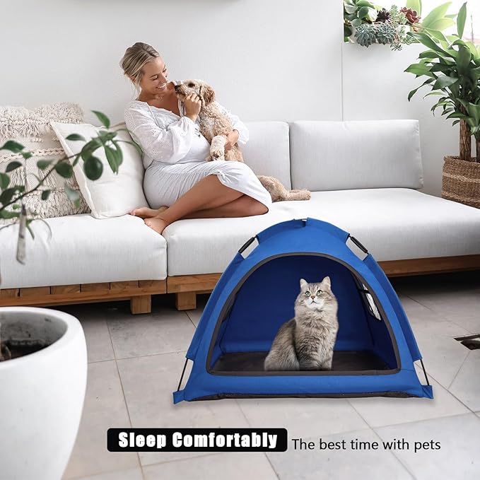 Open Design Pet Tent, Cozy Monitoring Bed for Cats & Puppies, Breathable Mesh Walls for Security & Ventilation, Indoor Outdoor Travel, Blue