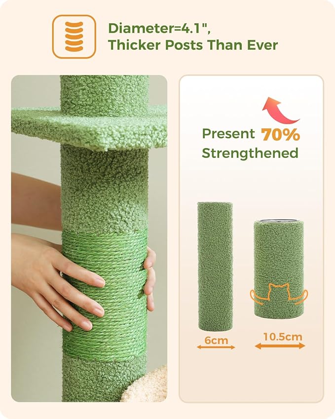 PEQULTI Floor to Ceiling Cat Tree Adjustable Height (87"-100"), 5 Levels Cactus Cat Tower with Perch&Replaceable Hammock, 4.1" Super Robust Cat Scratcher, Green