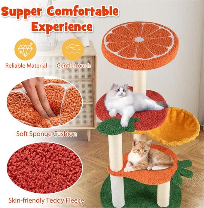 Fruit-Themed Cat Tree | Multi-Storey Cat Apartment + Rotating Hammock | Sisal Grab Pole | Teddy Plush Cat Bed | 39-Inch Pet Activity Center