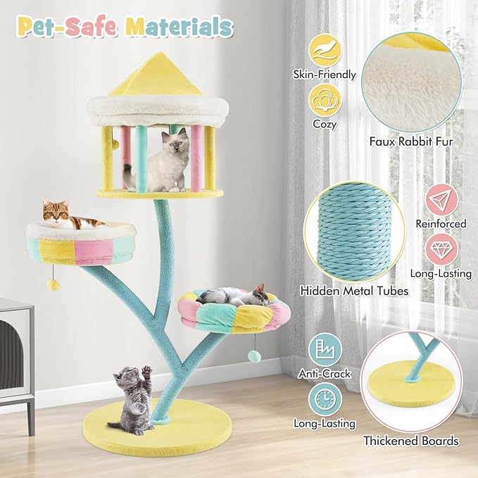 PETSITE 57.5 inch Tall Cute Cat Tree Tower, Cat Tower with Paper Rope Scratching Posts, Top Open-plan Condo, 2 Side Removable Perches, and Dangling Balls, Amusement Park Style Cat Tree for Indoor Cats