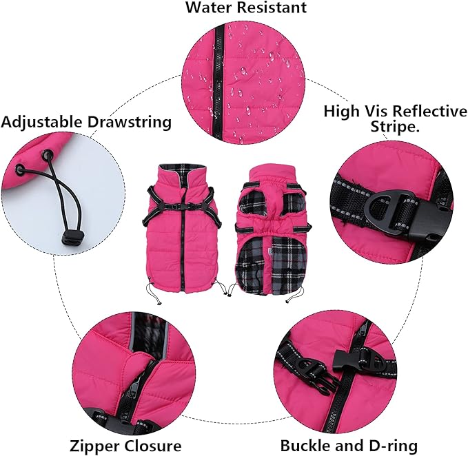 Geyecete Winter Warm Coat Waterproof Dog Winter Jacket with Harness Traction Belt,Pet Outdoor Jacket Dog Autumn and Winter Clothes for Medium, Small Dog-Pink-XXL