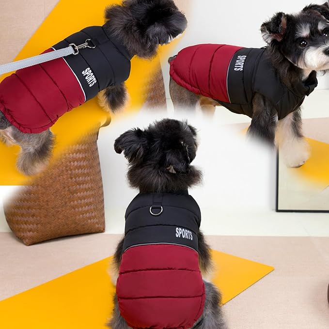Dog Winter Puffer Jacket, Warm and Water-Resistant Coat with Leash Ring, Stylish Color Block Design for Small to Medium Dogs (Red, X-Large)