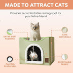 EverBrightly Cat Condo Bed | Foldable Pet Cave with Scratcher Pad, Reversible Cushion & Hanging Toy Ball | Indoor Hideaway, Lounge Perch & Playhouse, Durable Linen with Cozy Sherpa