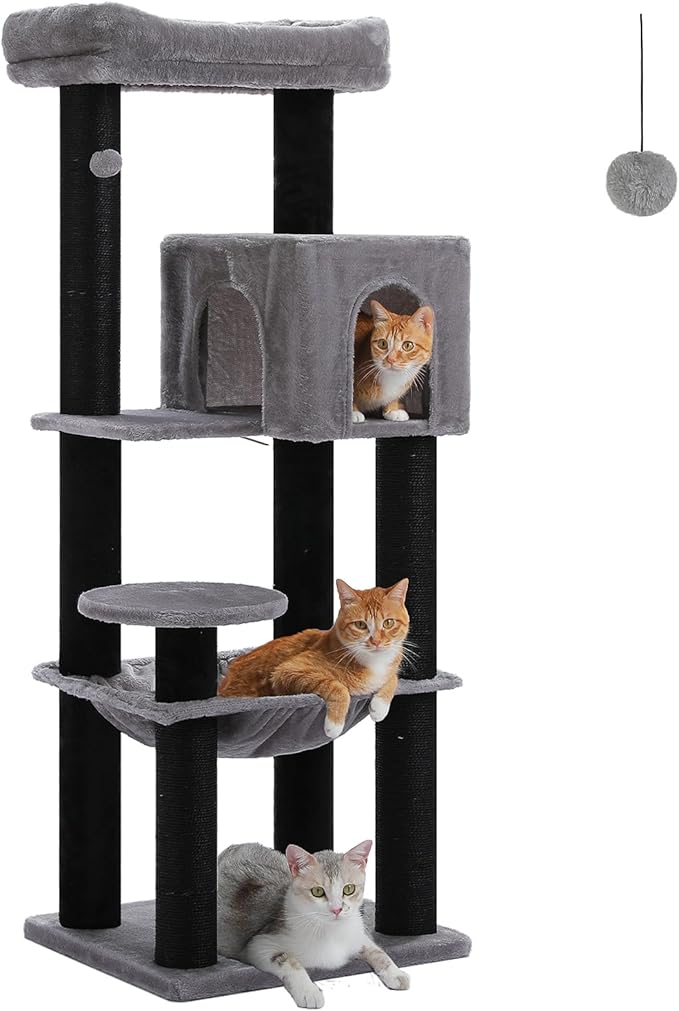 PETEPELA 58" Large Cat Tree for Big Adult Cats up to 30 lbs, Heavy Duty Cat Tower w/Extra-Thick Scratching Posts [φ3.9”], XL Hammock & Spacious Condo, Study Cat Furniture for Maine Coons, Black