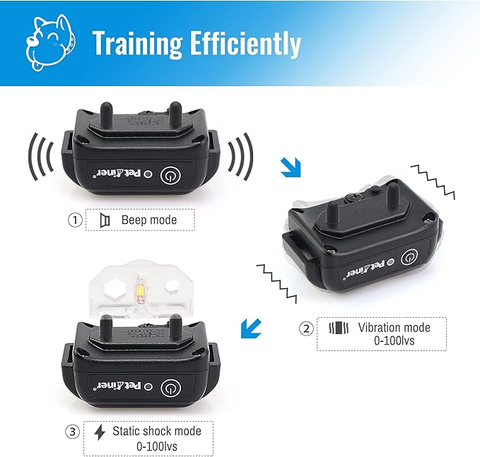 Petrainer Shock Collar for Dogs - Waterproof Rechargeable Dog Training E-Collar with 3 Safe Correction Remote Training Modes, Shock, Vibration, Beep for Dogs Small, Medium, Large