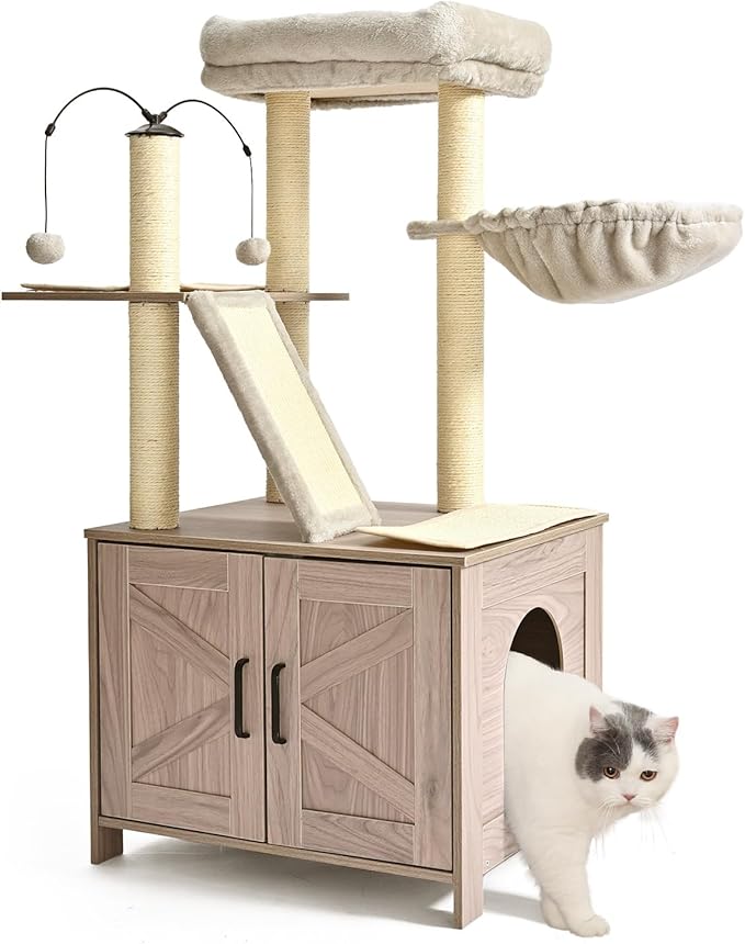 Amazon Basics Furniture Cat Tree with Litter Box Enclosure, Large Cat Tree with Scratching Posts, Sisal Pad, Cozy Perch and Hammock