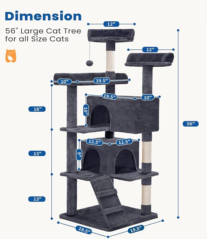 Cat Tree Tower 56in Cat Trees Multi-Level Cat Condos with Spacious Perch, 2 Cozy Condos, Scratching Posts, Climbing Ladder, Toy Ball, Durable Pet House Furniture for Indoor Kittens, Dark Gray