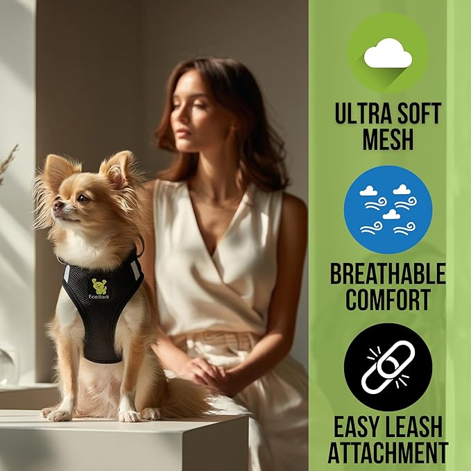 EcoBark Step in Dog Harness - Eco-Friendly Teacup Dog Harnesses for XXS, XS, and Small Dogs - Reflective and Adjustable Mini Body Halter Vest -Tiny Soft Mesh Toy Breed Harness (XXXS, Black)