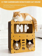 Cardboard Cat House, 2-Tier Large Cardboard Cat Scratcher House with Toys for Indoor Small Cats