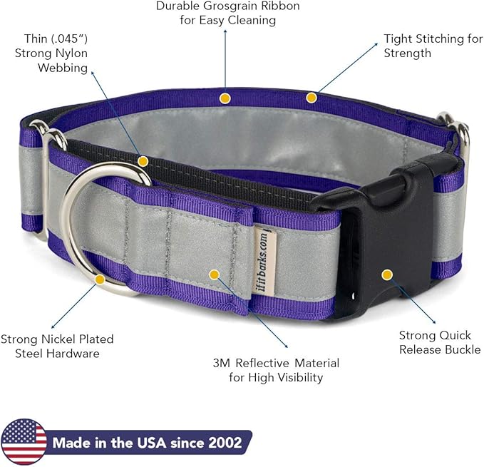 If It Barks - 1.5" Reflective Martingale Collar with Quick Snap Buckle for Dogs - Adjustable - Made in USA - Strong, Durable, and Comfy - Ideal for Training - Fits Most Breeds - Medium, Purple