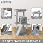 CAPHAUS Kittens Tower with 2-Door Large Cave Condo, Activity Indoor Cat Tree with Large Widened Perch, Multi-Level with Cute Cats Scratching Posts, Modern Ramp, 37-Inch Activity Tree for Small Cats