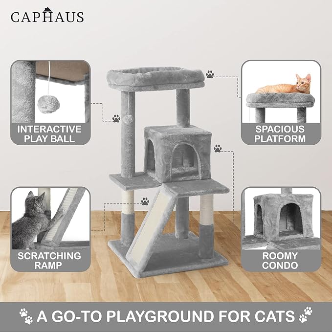 CAPHAUS Kittens Tower with 2-Door Large Cave Condo, Activity Indoor Cat Tree with Large Widened Perch, Multi-Level with Cute Cats Scratching Posts, Modern Ramp, 37-Inch Activity Tree for Small Cats