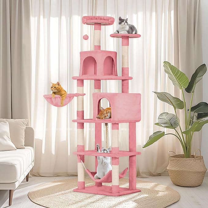 Cat Tree, 68-Inch Cat Tower for Indoor Cats, Plush Multi-Level Cat Condo with 7 Scratching Posts, 2 Perches, 2 Caves, Hammock (Pink)